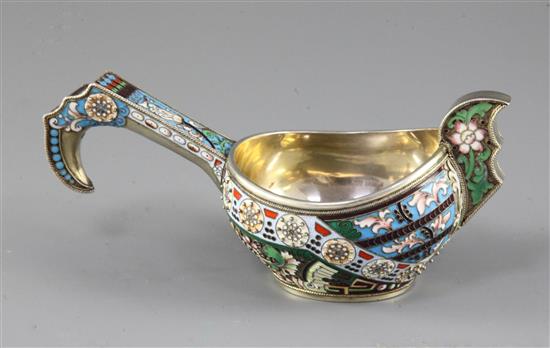 A good late 19th/early 20th century Russian 88 zolotnik and polychrome cloisonne enamel kovsh, master, Fyedor Ruchert, 1890-1917,